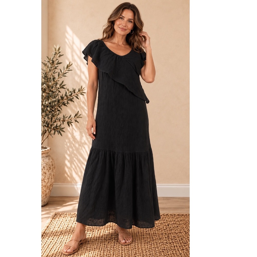Cuyana Maxi Flounce Dress Black Ruffle Off Shoulder Medium Cotton Texture